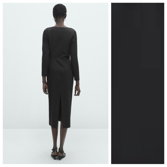 NWT. Massimo Dutti Black Wool Blend Midi Dress with Gathered Side. Size S. - Picture 4 of 11